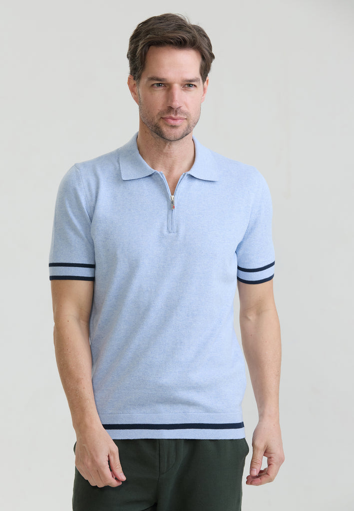Erkek Fermuar Kapama Detaylı Triko Polo T-Shirt - Mavi