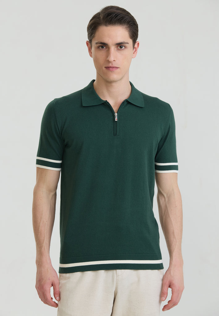Erkek Fermuar Kapama Detaylı Triko Polo T-Shirt - Koyu Yeşil