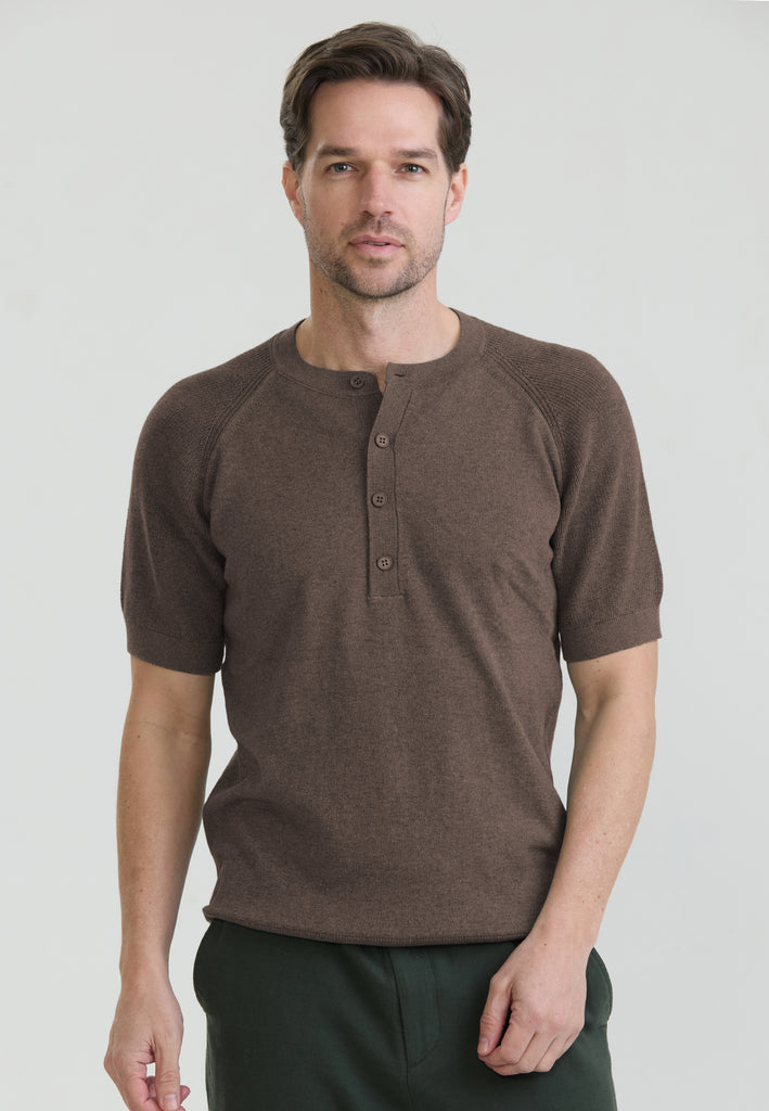 Erkek Basic Bisiklet Yaka Düğme Kapama Detaylı Triko T-Shirt - Kahve