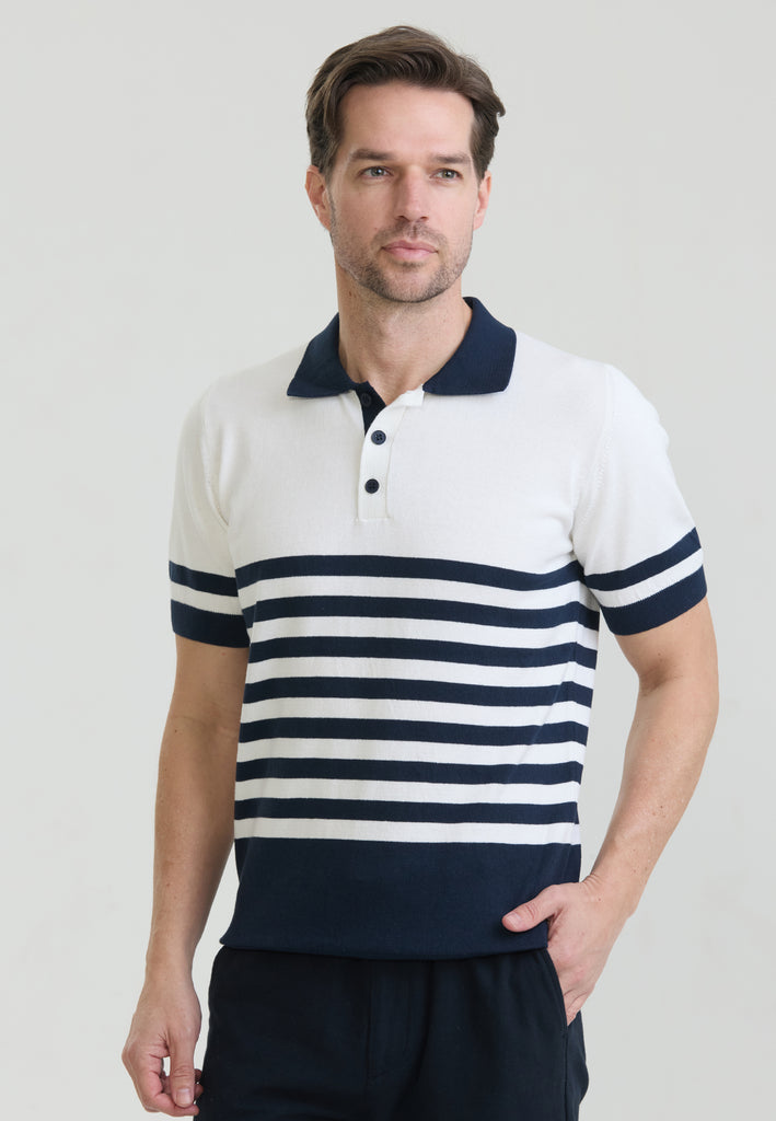 Erkek Yan Çizgili Triko Polo T-Shirt - Ekru