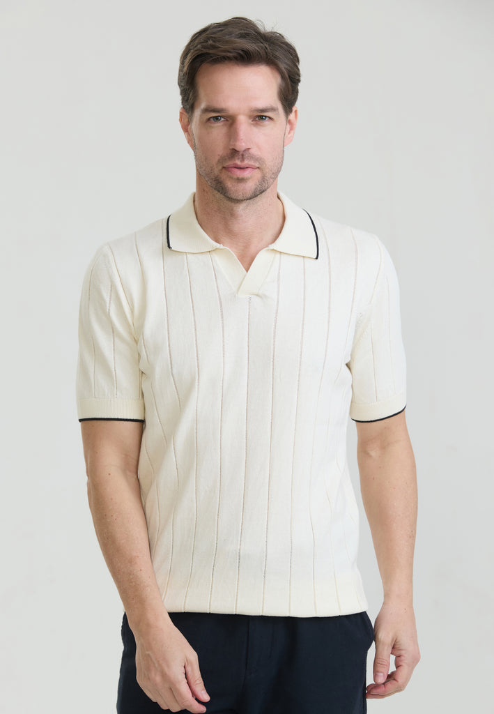 Erkek Basic Düğmesiz Triko Polo T-Shirt - Ekru