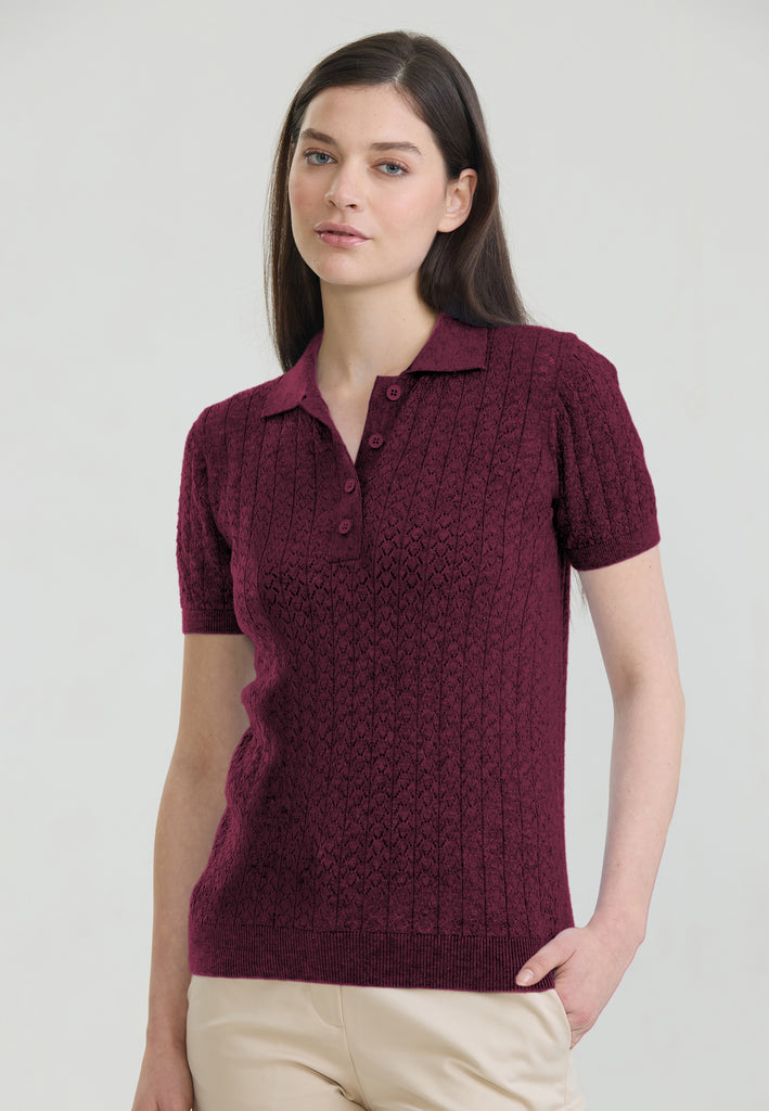 Kadın Delikli Nefes Alabilir Düğmeli Polo T-Shirt - Bordo