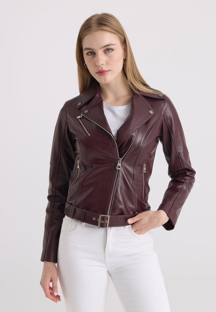 Kadın Biker Deri Ceket - Bordo
